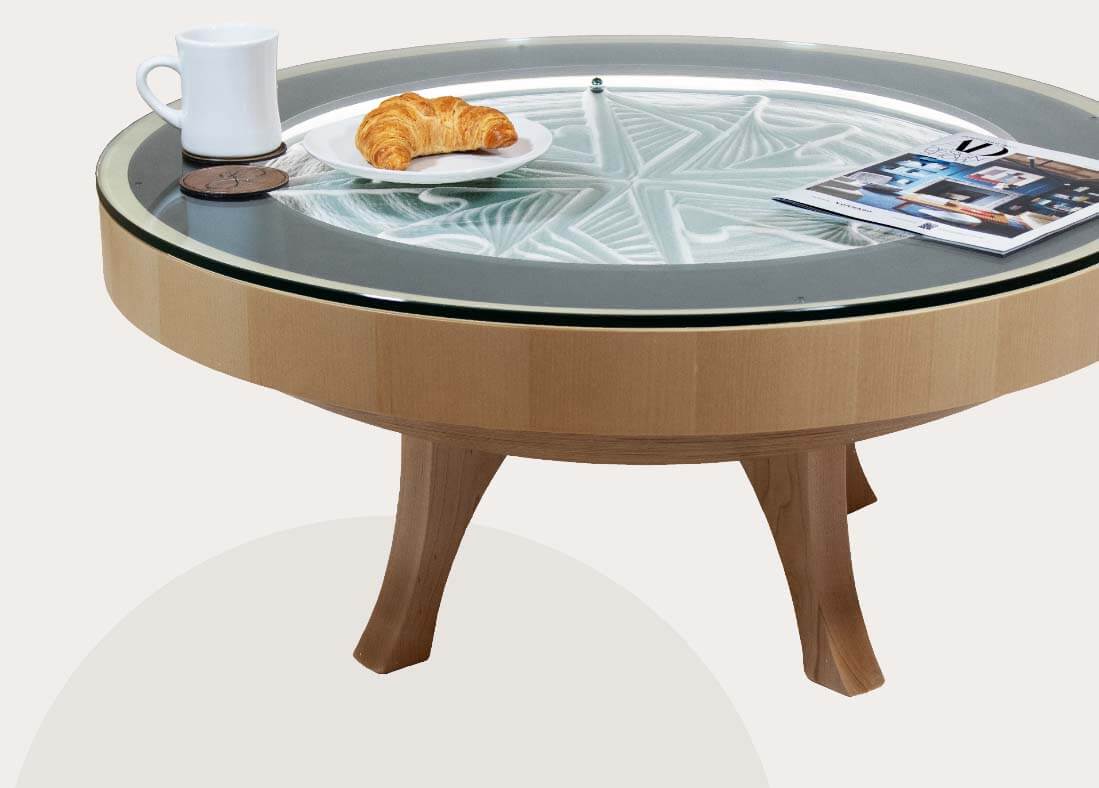 Luxury High End Sisyphus Kinetic Art Hardwood Maple Coffee Table with Glass Top